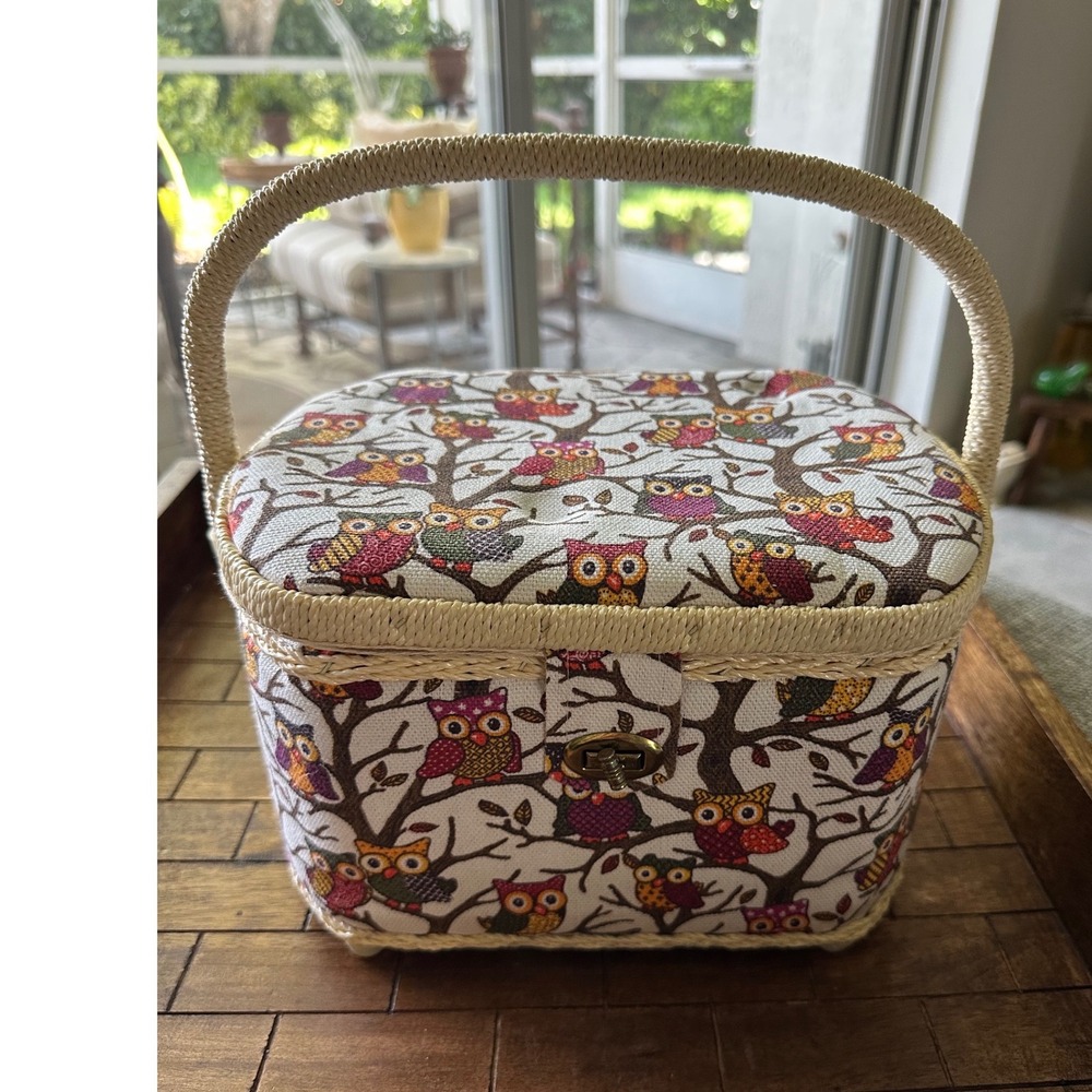 Michley Sewing Basket w/contents shown.  Storage Tray Included Owl Theme EUC